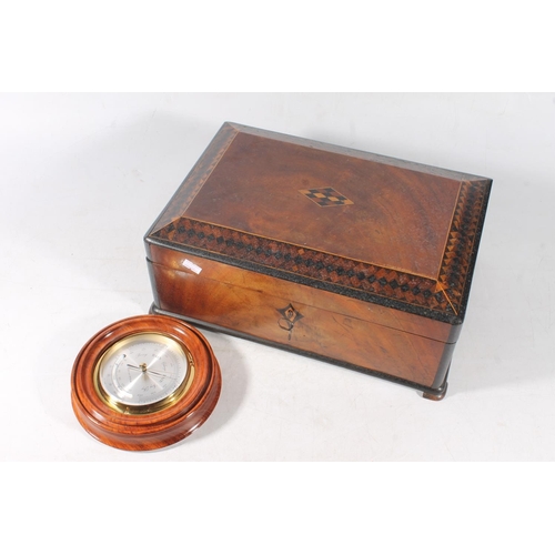 62 - 19th century marquetry inlaid sewing box with contents and an aneroid barometer.