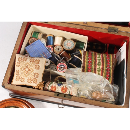 62 - 19th century marquetry inlaid sewing box with contents and an aneroid barometer.