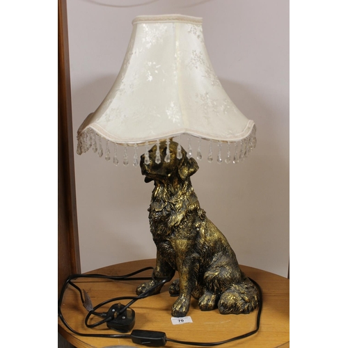 70 - Gilt washed golden retriever table lamp, 55cm high.