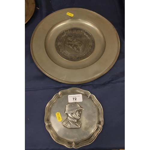 72 - WWII period K Moser of Bern pewter dish depicting a German soldier, and a K Moser pewter plate.