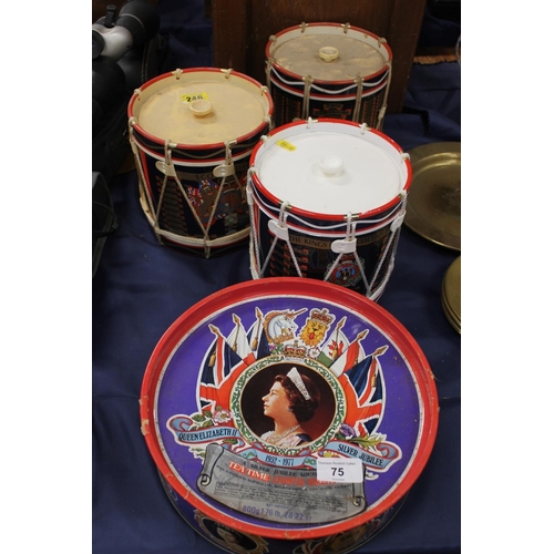 75 - 1978 Jubilee biscuit tin, three Scottish Regimental ice buckets in the form of drums.