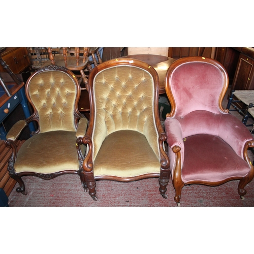 753 - Upholstered armchairs to include two green button back armchairs and one pink.