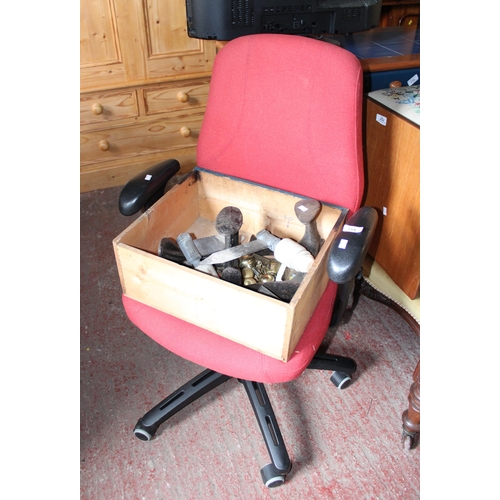 754 - Modern office chair and a box of shoe trees, doorknobs, etc.