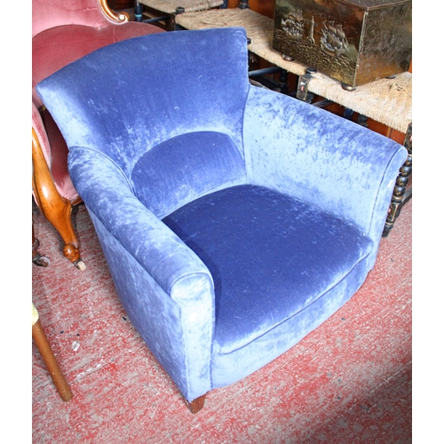 756 - Blue upholstered low armchair, a drum lampshade and picture.