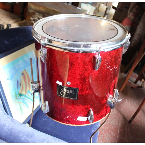 756 - Blue upholstered low armchair, a drum lampshade and picture.