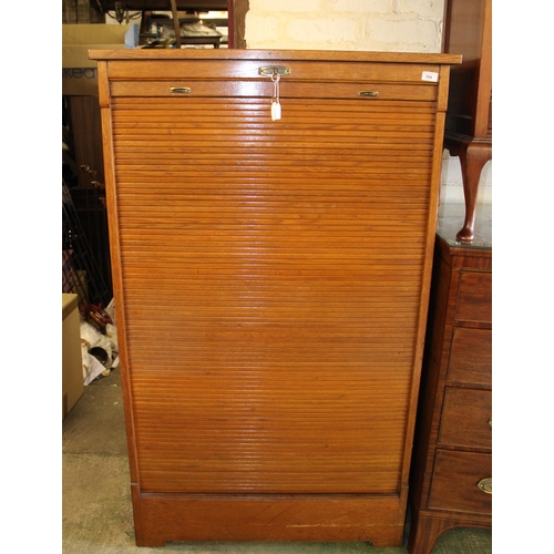 764 - Early 20th century tambour front filing cabinet, 150cm.