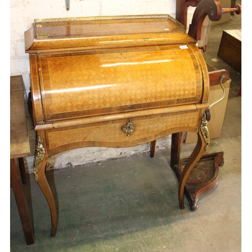 767 - Reproduction inlaid roll top writing desk, 105cm high.