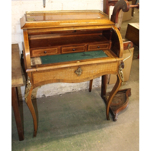 767 - Reproduction inlaid roll top writing desk, 105cm high.