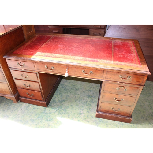 794 - Early 20th century pedestal desk with red leather skiver, 75cm high.