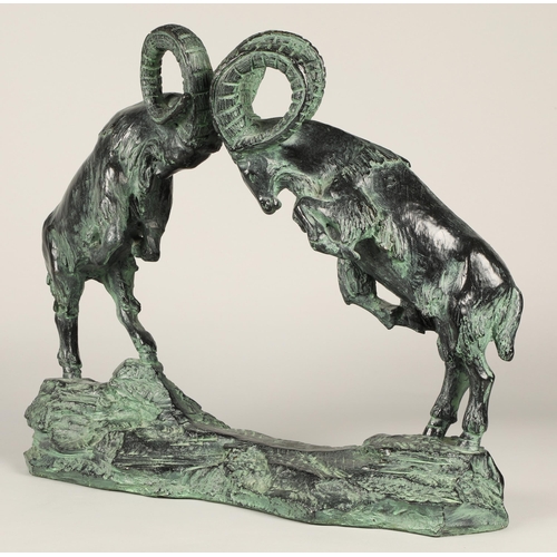 226 - Bronze figure of two Chamoix rams fighting, signed Austin, dated 1981,titled 'At Play' 56 cm long 44... 