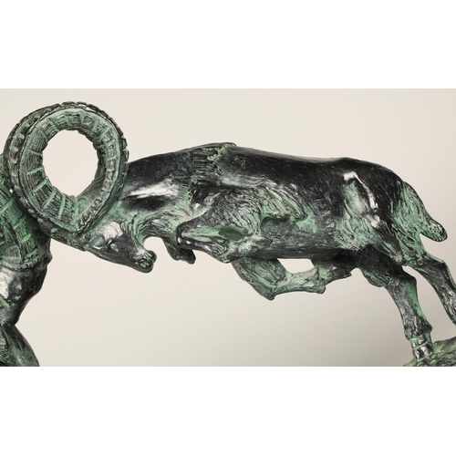 226 - Bronze figure of two Chamoix rams fighting, signed Austin, dated 1981,titled 'At Play' 56 cm long 44... 