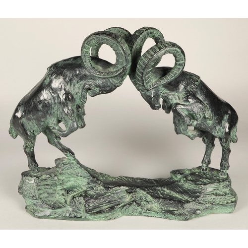 226 - Bronze figure of two Chamoix rams fighting, signed Austin, dated 1981,titled 'At Play' 56 cm long 44... 