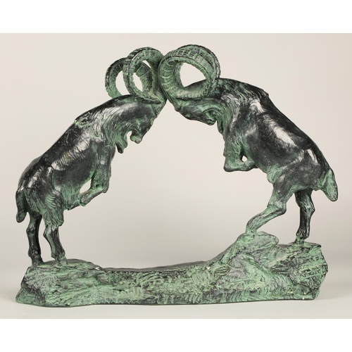 226 - Bronze figure of two Chamoix rams fighting, signed Austin, dated 1981,titled 'At Play' 56 cm long 44... 