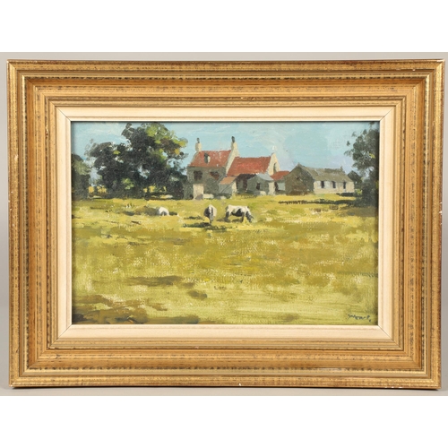 377 - Ernest B Hood (Scottish 1932-1988)ARR'Sunny farmyard'Framed oil on board, signed 20cm x 120cm... 