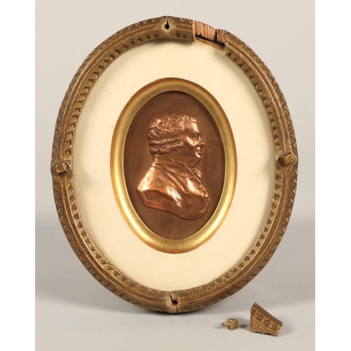 204 - Framed oval bronze miniature of David Dale dated 1791, 18cm x 15cm including frame.