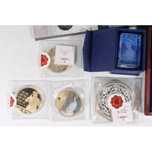 217 - Jubilee Mint, a set of 12 'In Memory of Queen Elizabeth II', medallions cased, a Princess Diana glas... 