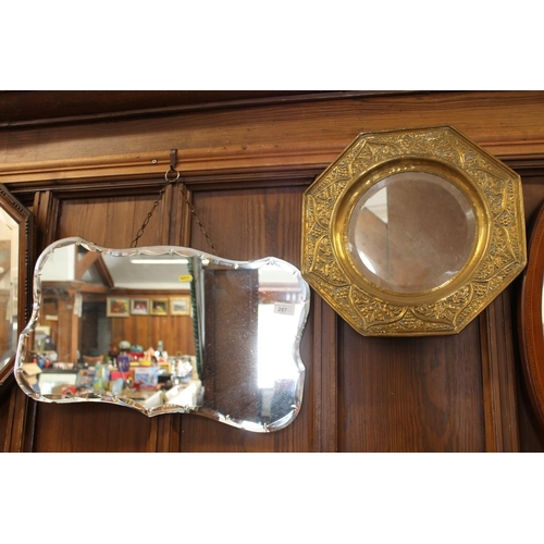 287 - Brass framed wall mirror and a bevel edged wall mirror, max W55cm (2).