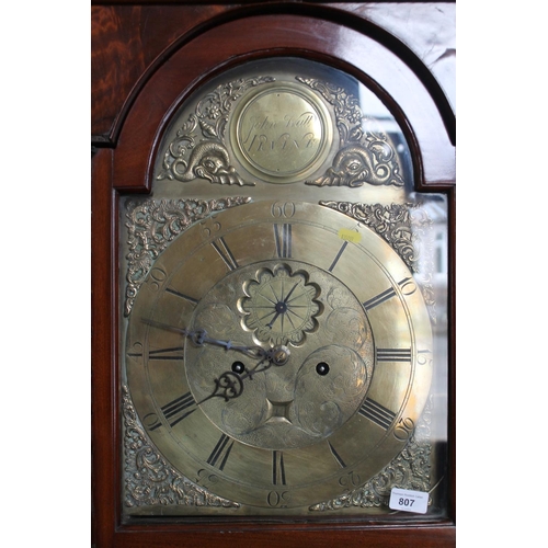 807 - Early 19th century mahogany long case clock, the brass dial with makers name for John Watt Irvine.