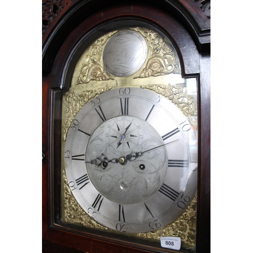 808 - Late 18th century mahogany long case clock, the silvered brass dial with makers name for John Russel... 