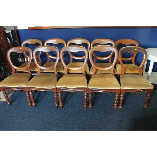 814 - Set of ten mahogany balloon back dining chairs.