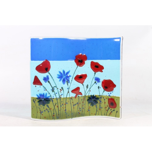 102A - Fused Art Glass Red Poppies, Blue Sky and Green Grass wave sculpture, 21cm high.