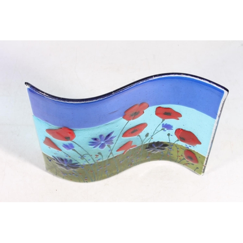 102A - Fused Art Glass Red Poppies, Blue Sky and Green Grass wave sculpture, 21cm high.