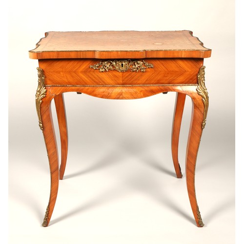 527 - French kingwood, tulipwood and amboyna inlaid marquetry work table, circa late 19th century, the sha... 