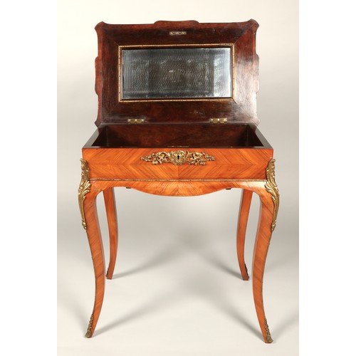 527 - French kingwood, tulipwood and amboyna inlaid marquetry work table, circa late 19th century, the sha... 