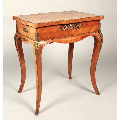 527 - French kingwood, tulipwood and amboyna inlaid marquetry work table, circa late 19th century, the sha... 