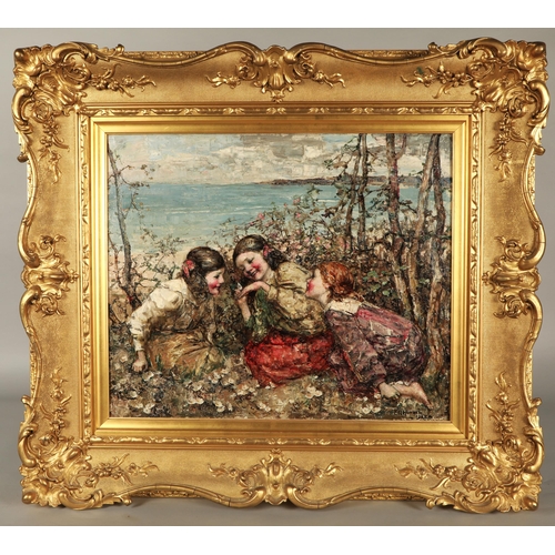 396 - Edward Atkinson Hornel (Scottish 1864-1933) 'A White Butterfly'Gilt framed oil on canvassigned, date... 