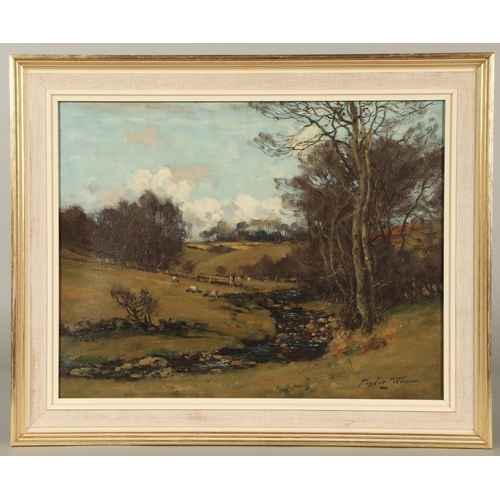 413 - James Taylor Brown (Scottish 1868-1923)'Sheep Grazing By a Stream'Framed oil on canvas, signed34cm x... 