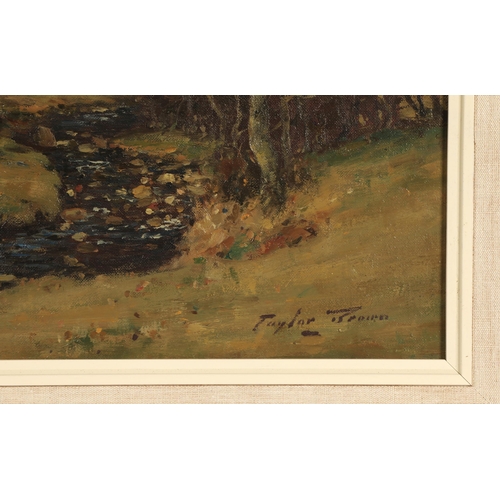 413 - James Taylor Brown (Scottish 1868-1923)'Sheep Grazing By a Stream'Framed oil on canvas, signed34cm x... 