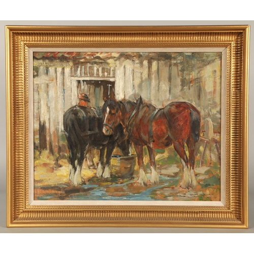 430 - George Smith RSA (Scottish 1870-1934)'Horses drinking at a water butt'Framed oil on board, signed40c... 