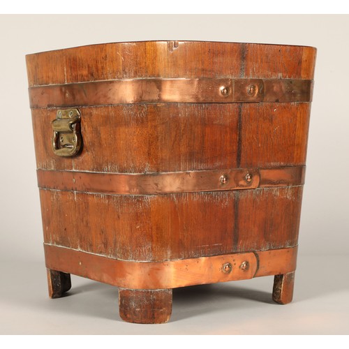 528 - Oak copper bound coal bin with liner, 38cm high, 36cm diameter