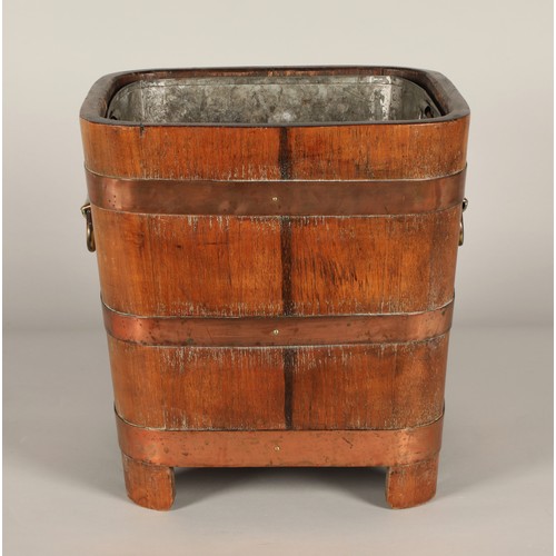 528 - Oak copper bound coal bin with liner, 38cm high, 36cm diameter