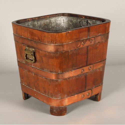 528 - Oak copper bound coal bin with liner, 38cm high, 36cm diameter