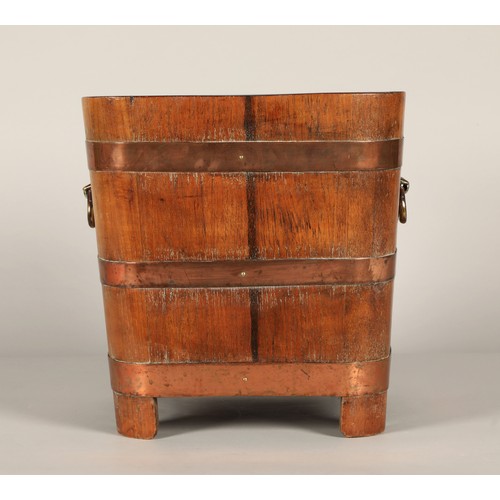 528 - Oak copper bound coal bin with liner, 38cm high, 36cm diameter