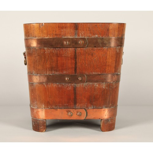 528 - Oak copper bound coal bin with liner, 38cm high, 36cm diameter