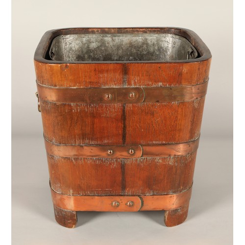 528 - Oak copper bound coal bin with liner, 38cm high, 36cm diameter