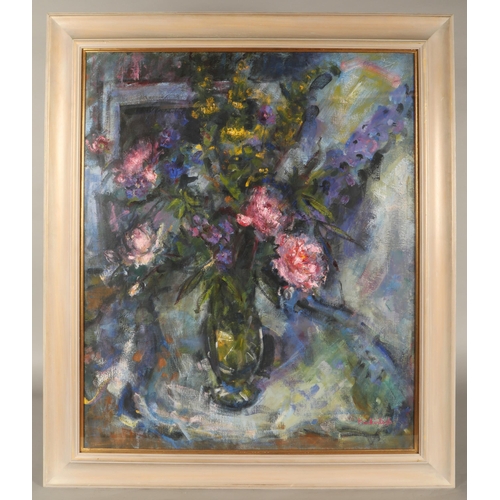 476 - Anne MacKintosh (Scottish 1944-2014)Summer FlowersFramed oil on canvassigned89cm x 74cm ARRLabel ver... 