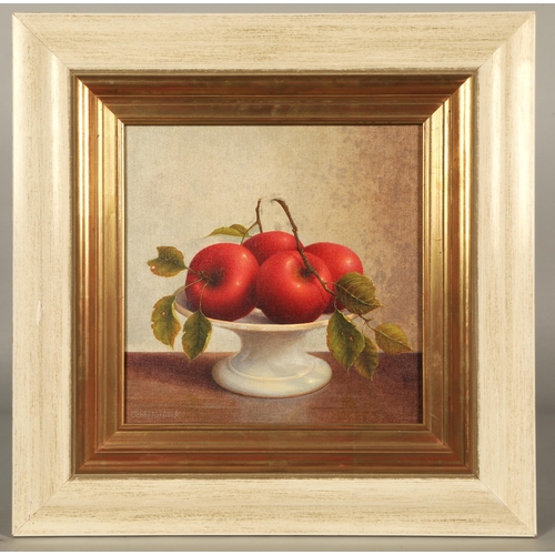 498 - Trisha Hardwick (English 1949-2022)Apples and Chinaframed oil on canvassigned30c x 30cmProvenance Wr... 