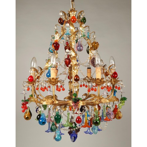 540 - Italian Venetian gilt metal chandelier with Murano glass fruits, the twelve branches are adorned wit... 