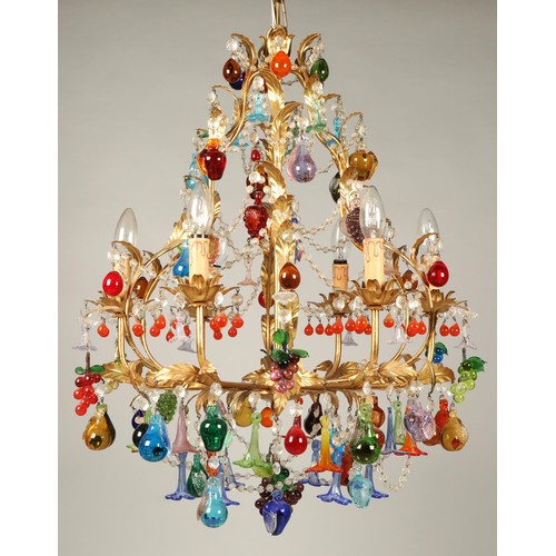 540 - Italian Venetian gilt metal chandelier with Murano glass fruits, the twelve branches are adorned wit... 