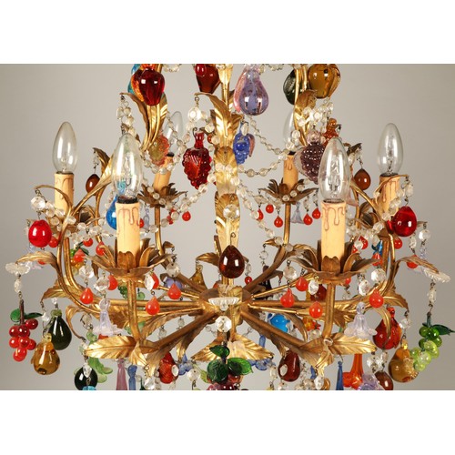 540 - Italian Venetian gilt metal chandelier with Murano glass fruits, the twelve branches are adorned wit... 