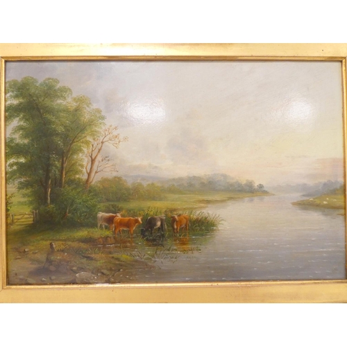 325 - 19th Century British School.River scene with cattle. Oil on canvas.44cm x 29cm.... 