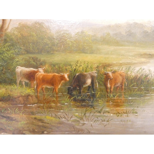 325 - 19th Century British School.River scene with cattle. Oil on canvas.44cm x 29cm.... 