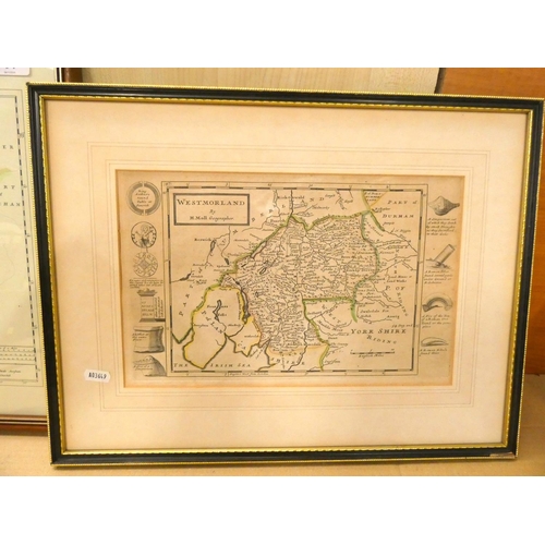 34 - Two framed maps of Cumberland and Westmorland by H.Moll and Robert Morden.