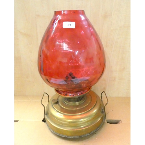 51 - Large antique brass and cranberry oil lamp