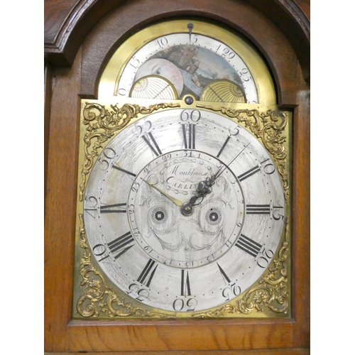 133 - Late 18th century thirty hour longcase clock, the silvered dial signed ''Monkhouse Carlisle'', havin... 