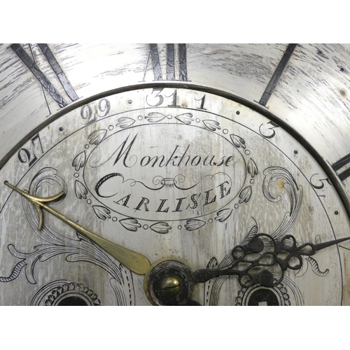 133 - Late 18th century thirty hour longcase clock, the silvered dial signed ''Monkhouse Carlisle'', havin... 